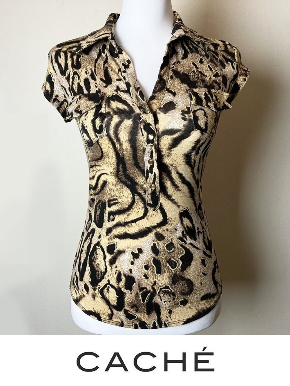 Cache Leopard Print Brown-Tan Button-Down Short Sleeve Collared Top | Size S